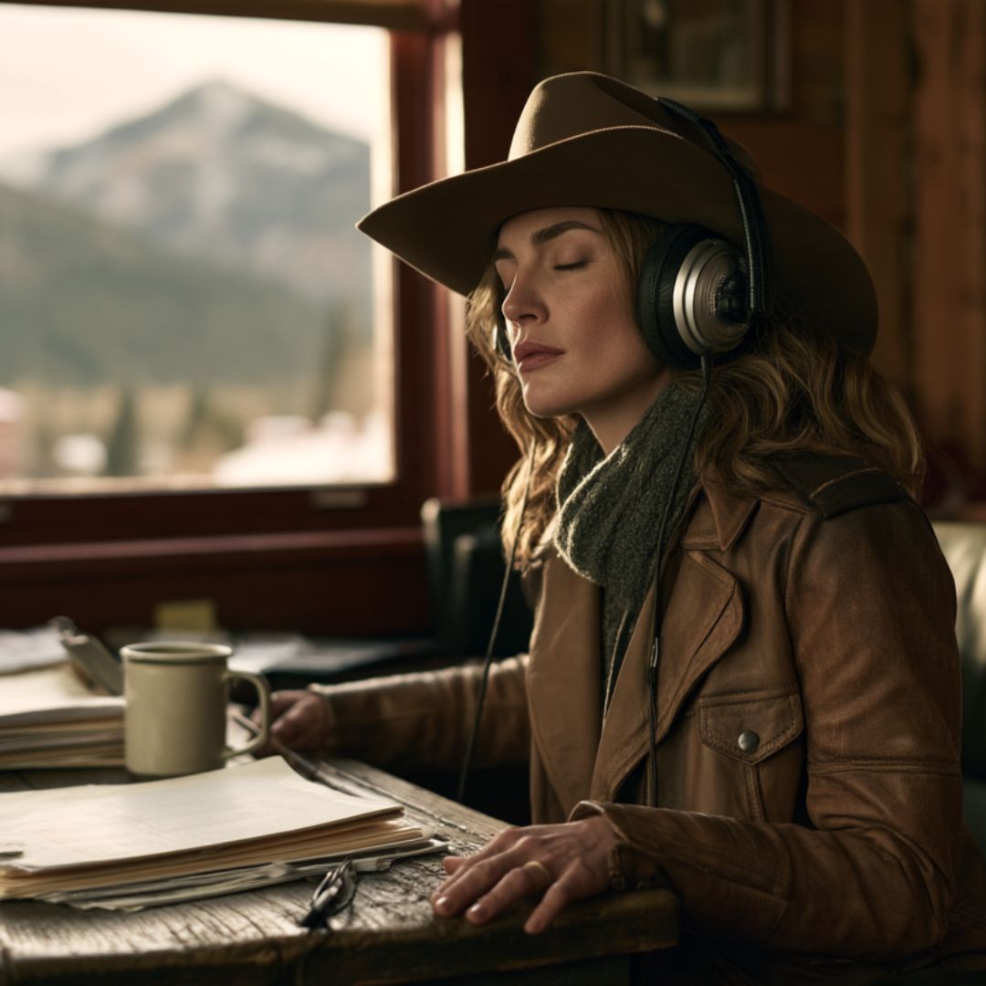 A woman wearing a brown cowboy hat, brown leather jacket, and gray scarf sits at a wooden table in a rustic room, wearing over-ear headphones and looking out a window with a mountain view.