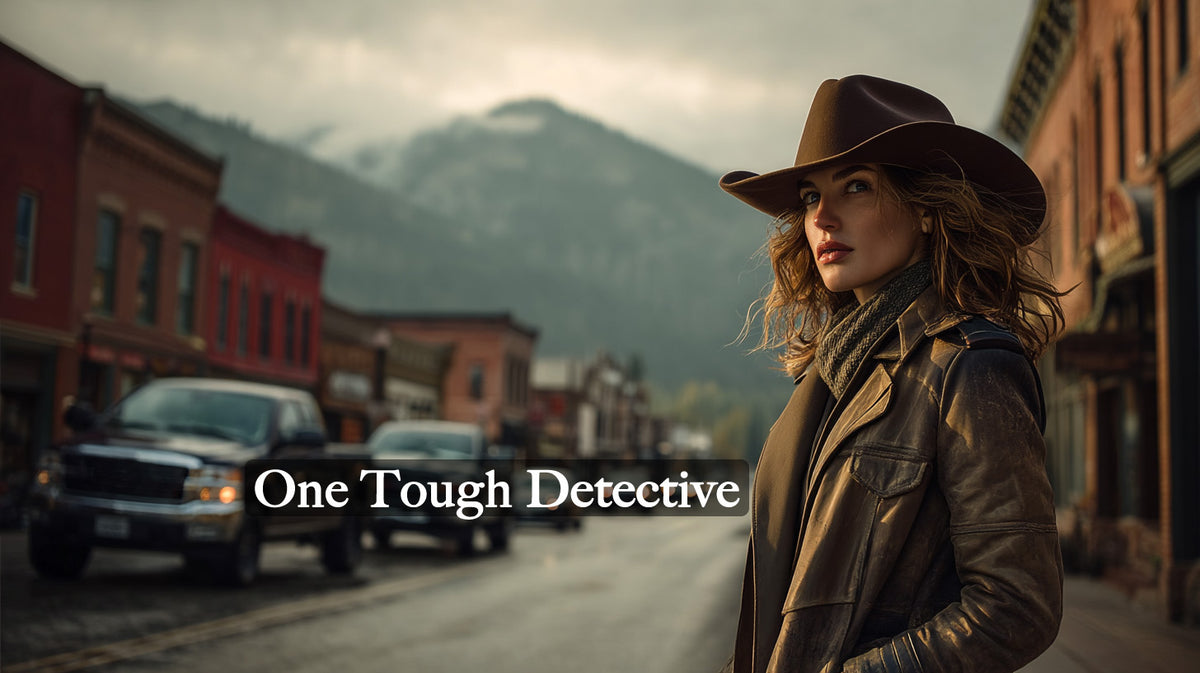 Woman in a cowboy hat and leather jacket standing on a street with mountains in the background, labeled 'One Tough Detective'.