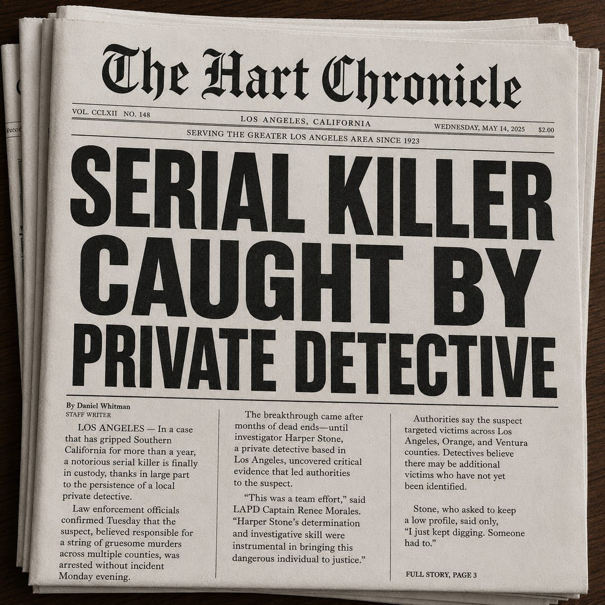 A stack of vintage copies of The Hart Chronicle newspaper, with the front copy showing a large headline about a serial killer capture and investigative article.
